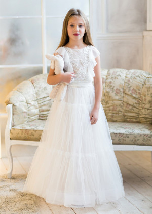 Ivory Lace Tulle Floor Length V Back Boho Flower Girl Dress